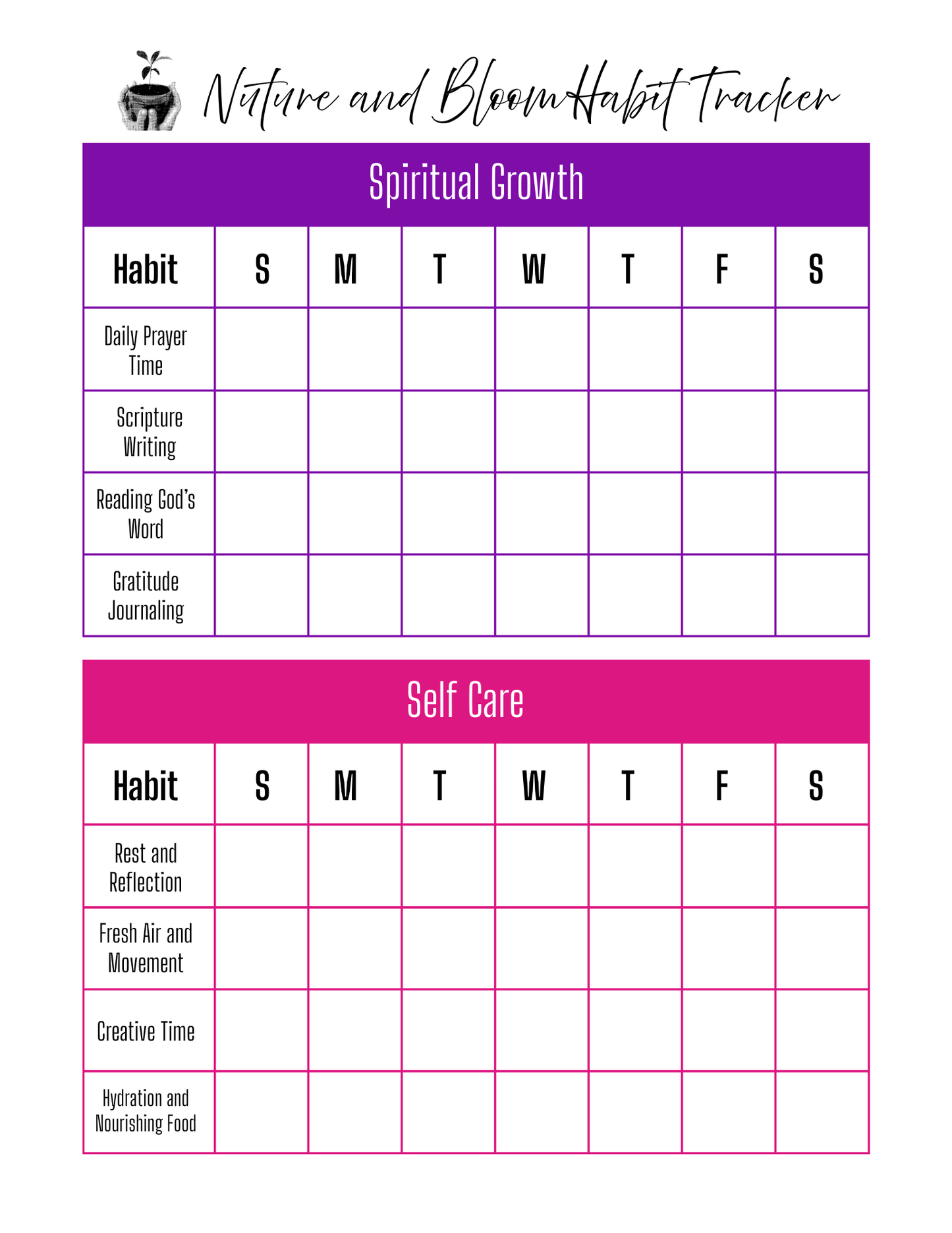 Nuture and Bloom Habit Tracker | Faith-Based Personal Growth Planner