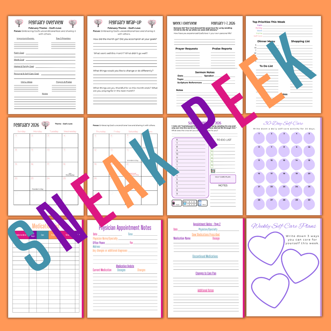 12 images of pages inside devotional planner for caregivers with text-sneak peek.
