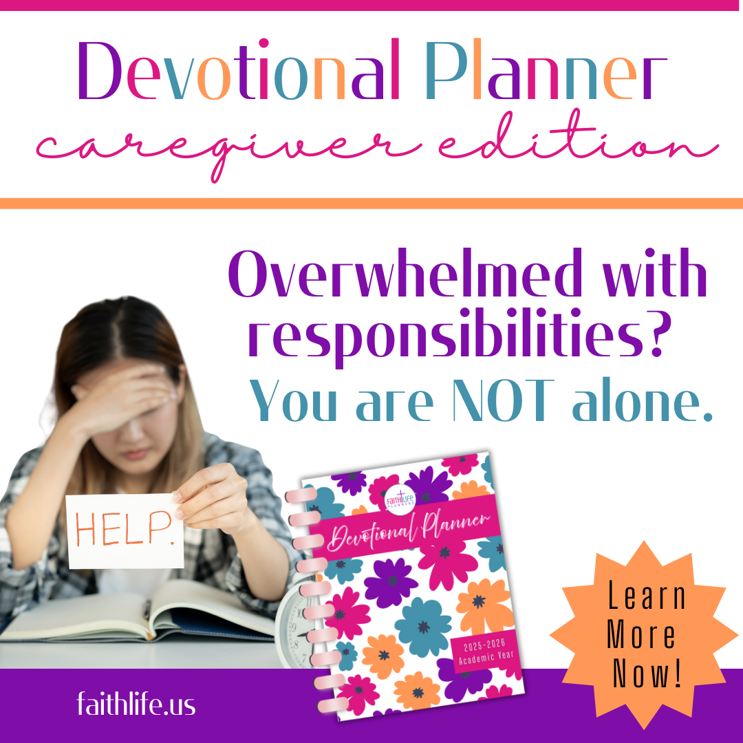 MP4 video with images of exhausted caregivers and the devotional planner