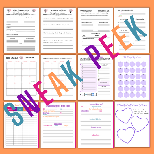 12 images of pages inside devotional planner for caregivers with text-sneak peek.